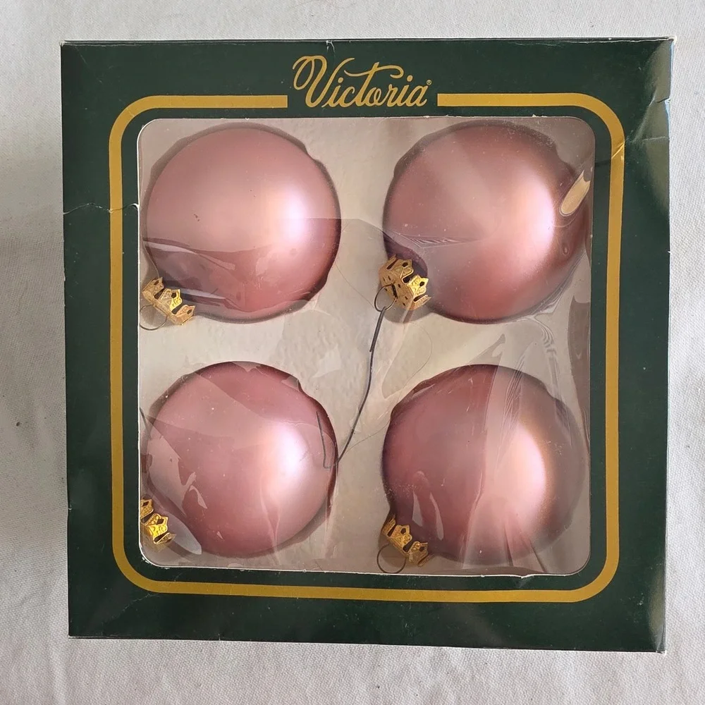 VTG Victoria Collection by Rauch Pink Satin Glass Christmas Ornaments (4) 2.5